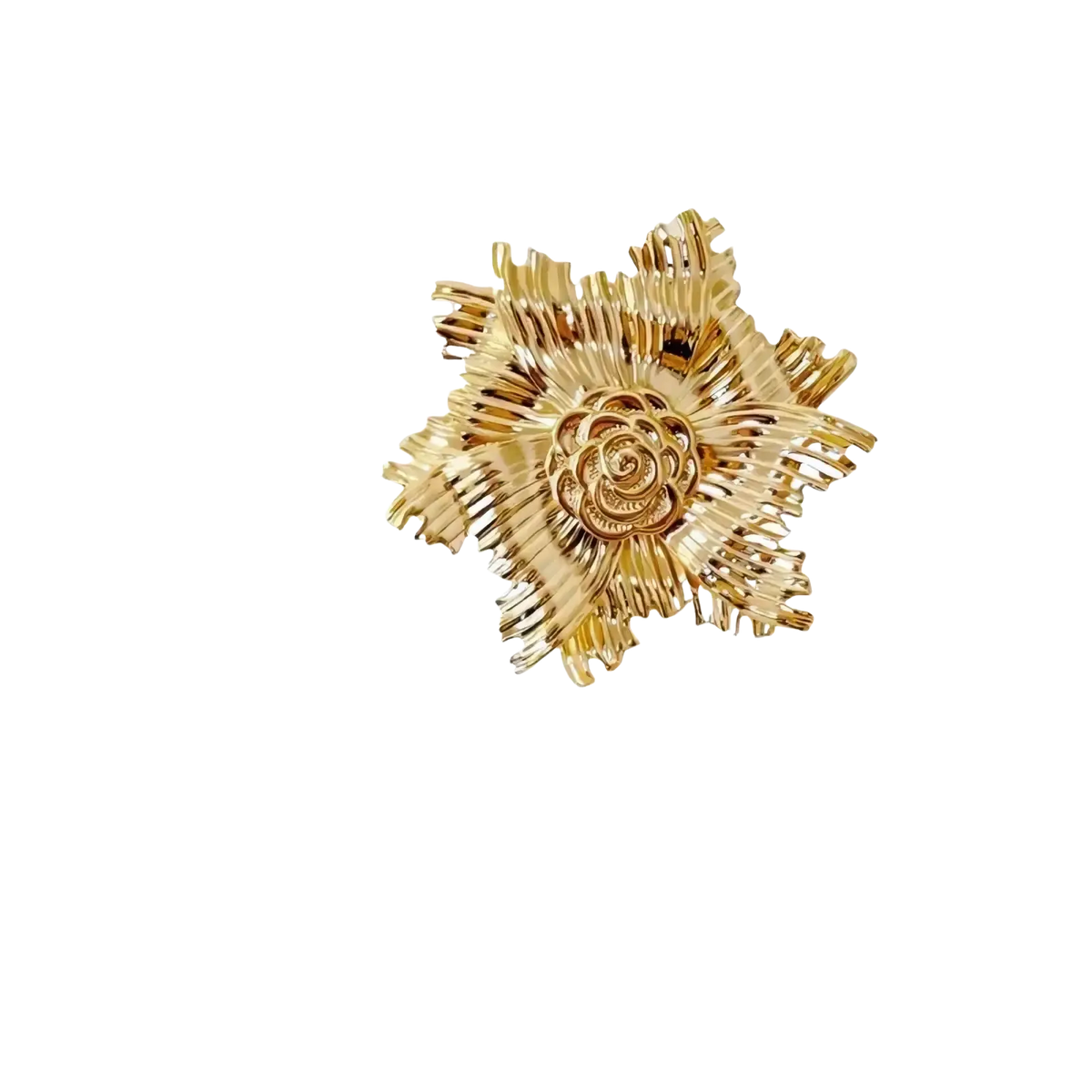 Gold flower brooch with pearl accent featuring gold-toned metallic stylized layered flower petals and detailed rose center