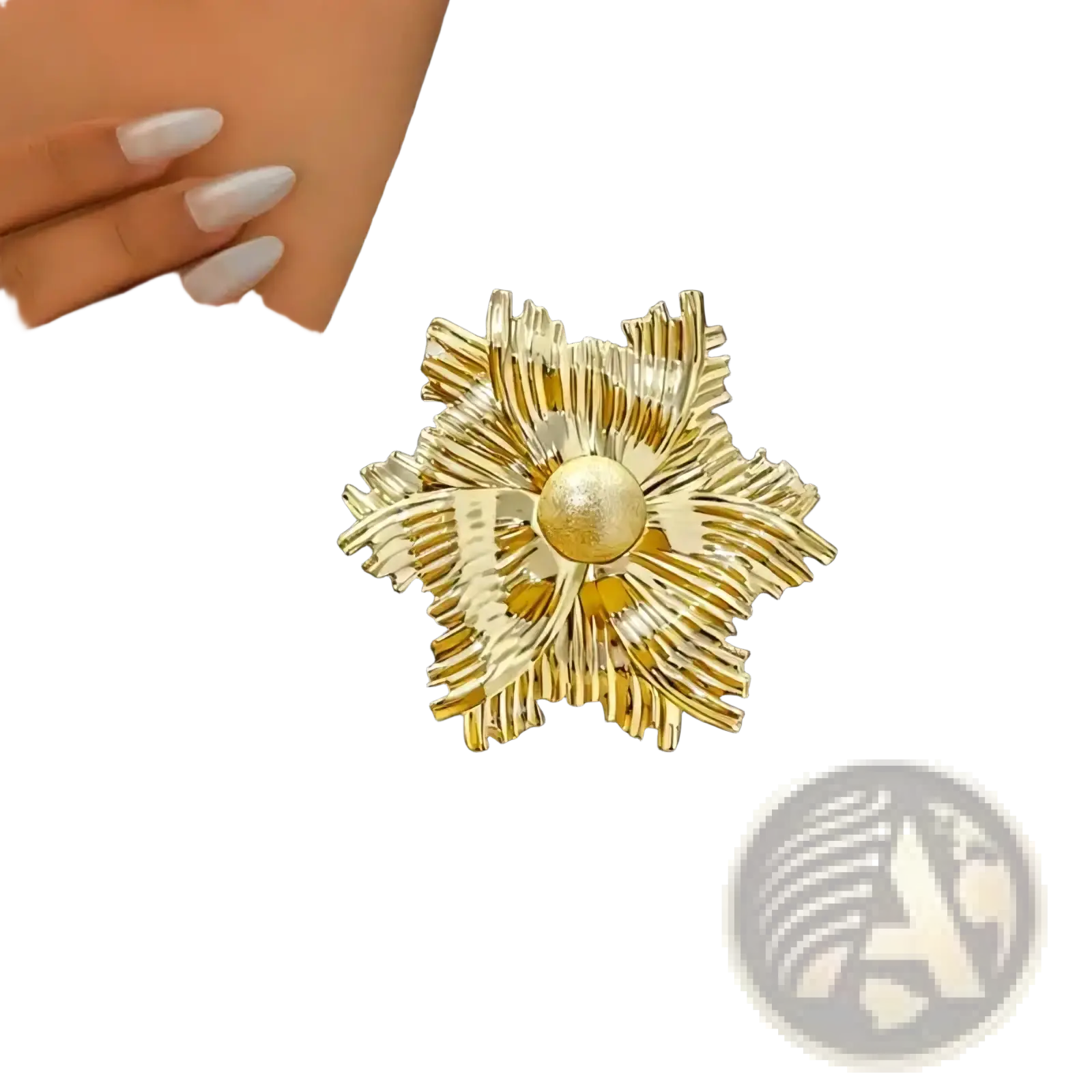 Gold flower brooch with pearl accent featuring gold-toned metallic textured petals radiating from the center