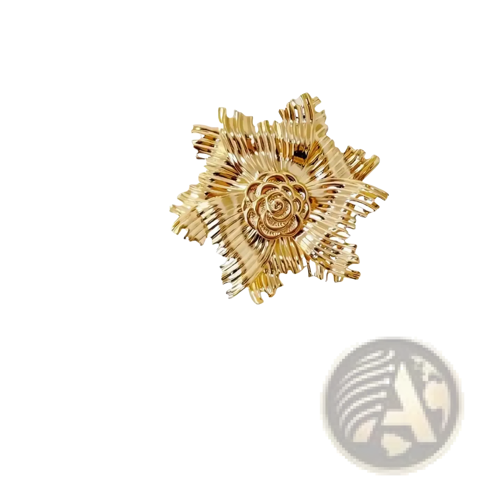 Gold flower brooch with pearl accent featuring gold-toned metallic stylized layered flower petals and detailed rose center