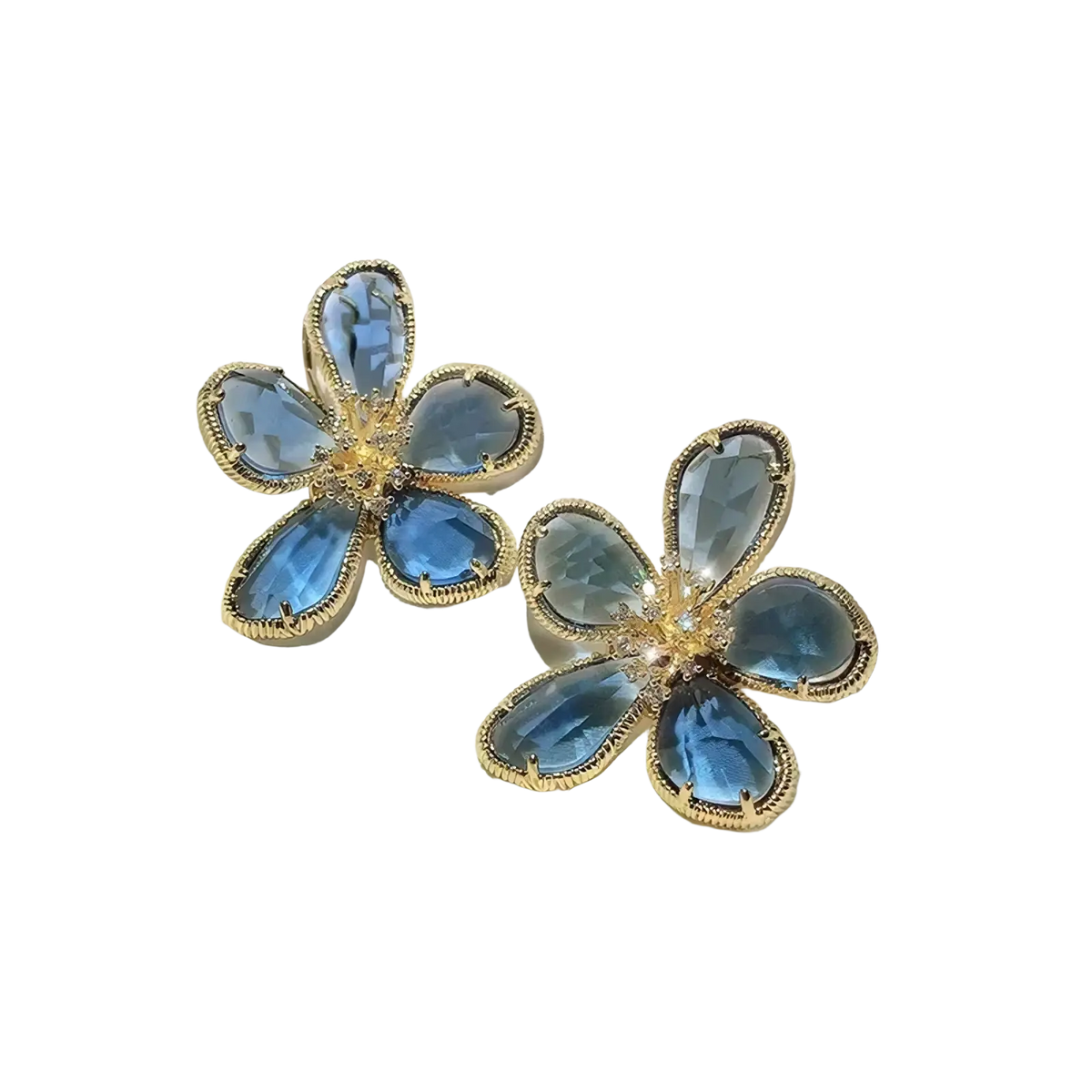 Elegant gold flower crystal stud earrings featuring blue crystal petals and gold-toned metal settings