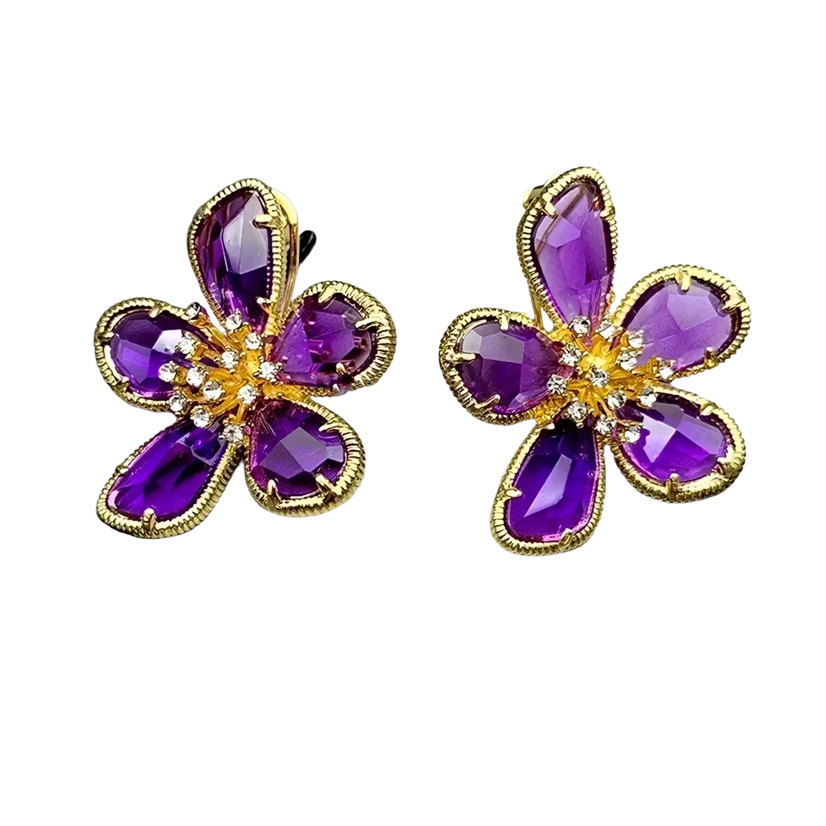 Elegant purple amethyst flower earrings with gold-tone metal settings and sparkling diamond accents in crystal stud design
