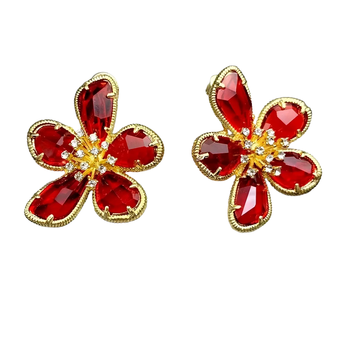 Elegant gold flower crystal stud earrings featuring red crystal flowers with gold-tone metal and diamond accents