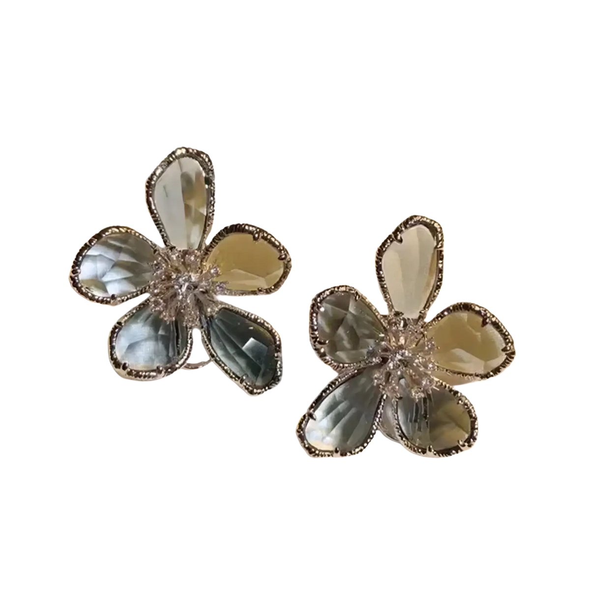 Elegant gold flower crystal stud earrings with faceted light blue and pale green gemstones in silver metal frame