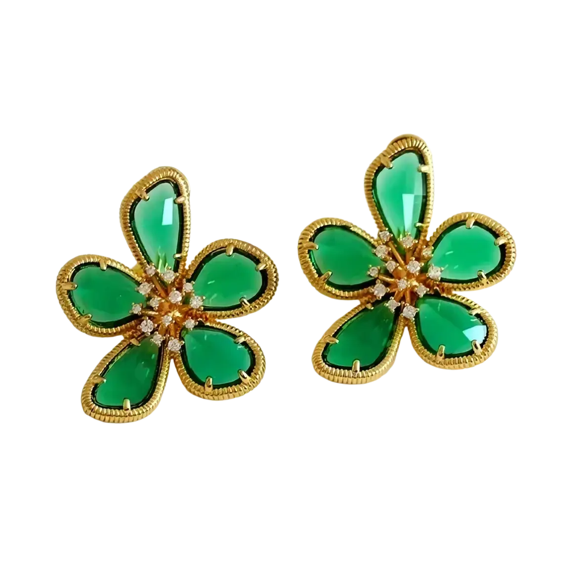 Elegant gold flower crystal stud earrings with green jade-like stones and sparkling diamond accents