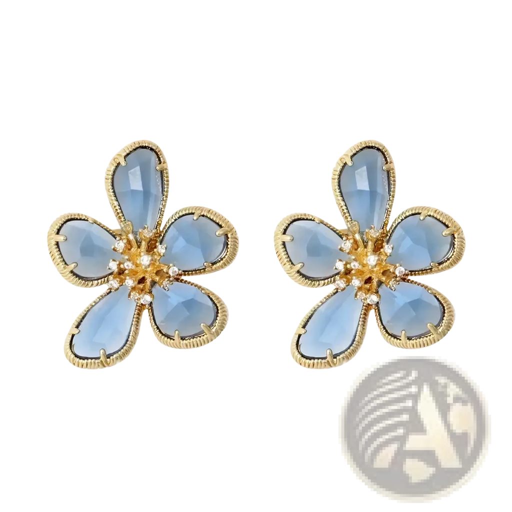 Gold flower crystal stud earrings with faceted light blue gemstones and central clear crystal clusters
