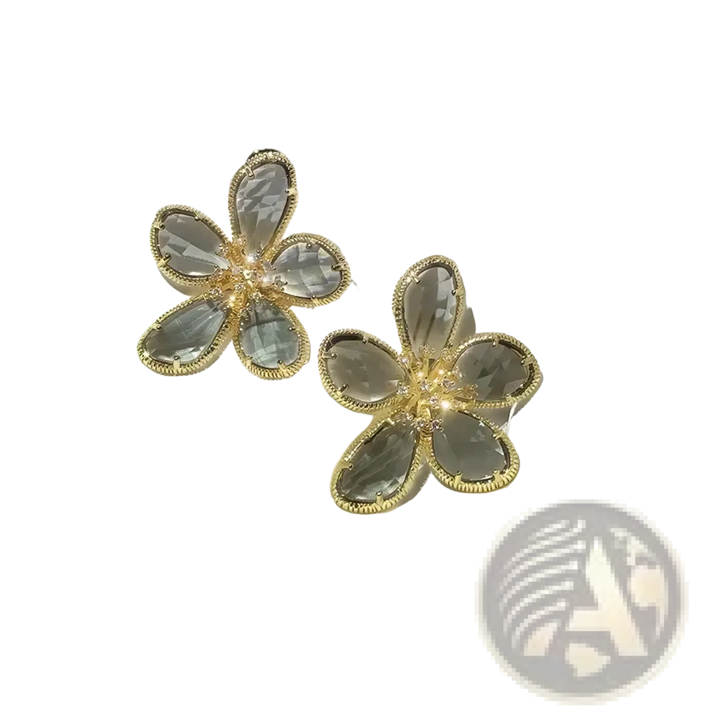 Gold flower crystal stud earrings with gold-toned metal, clear faceted crystal petals, and a central diamond accent
