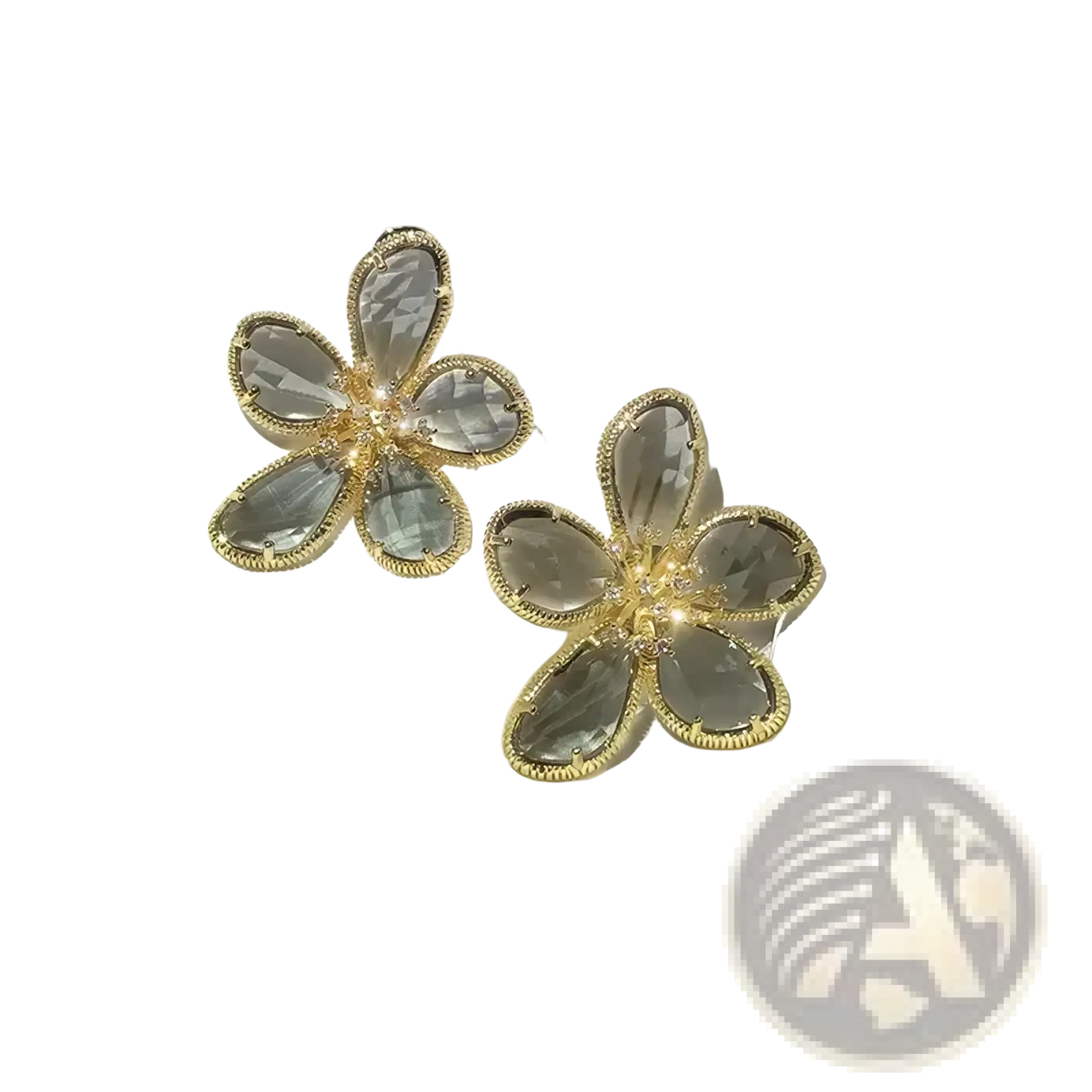 Gold flower crystal stud earrings with gold-toned metal, clear faceted crystal petals, and a central diamond accent
