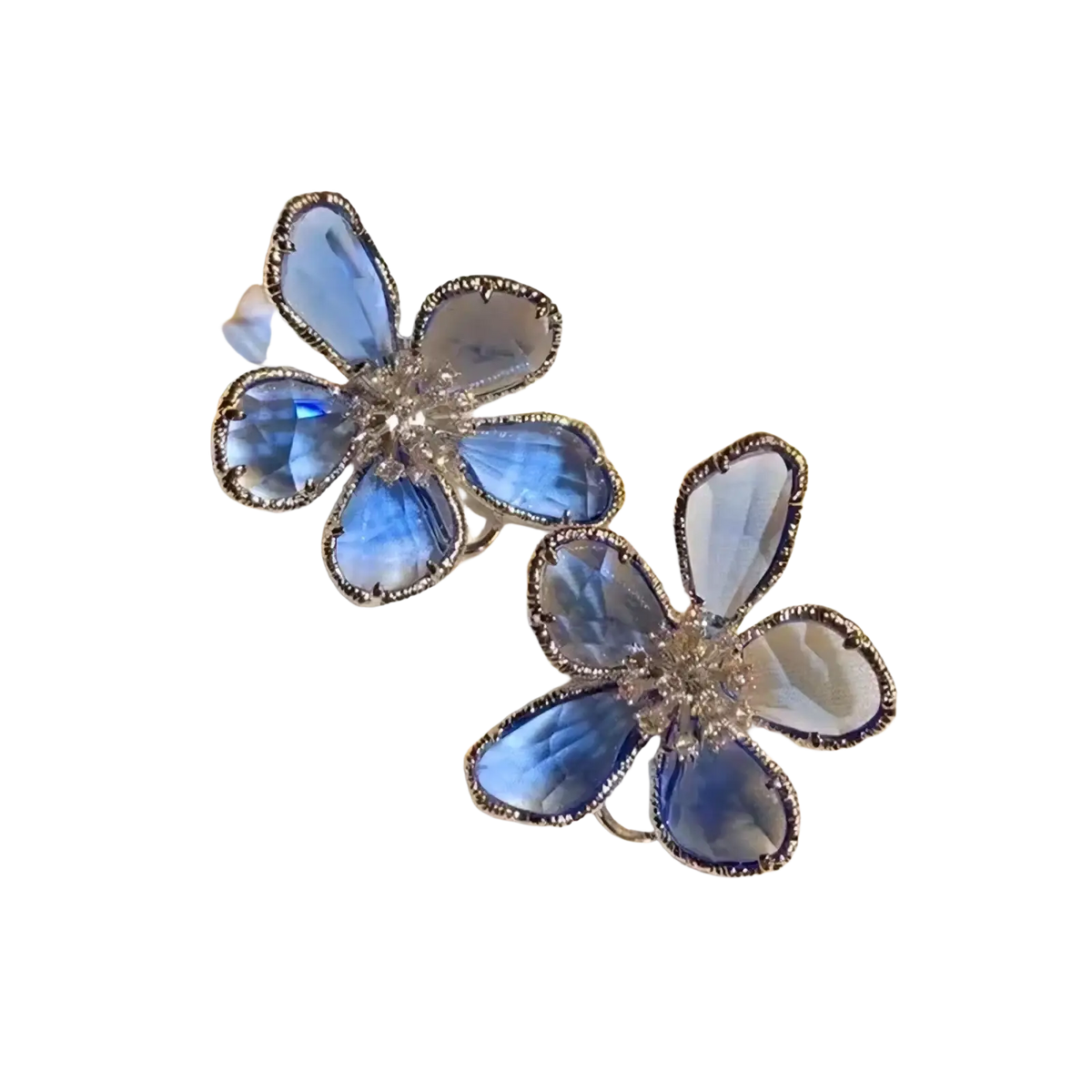 A pair of elegant gold flower crystal stud earrings with blue crystal petals and silver-toned metal settings