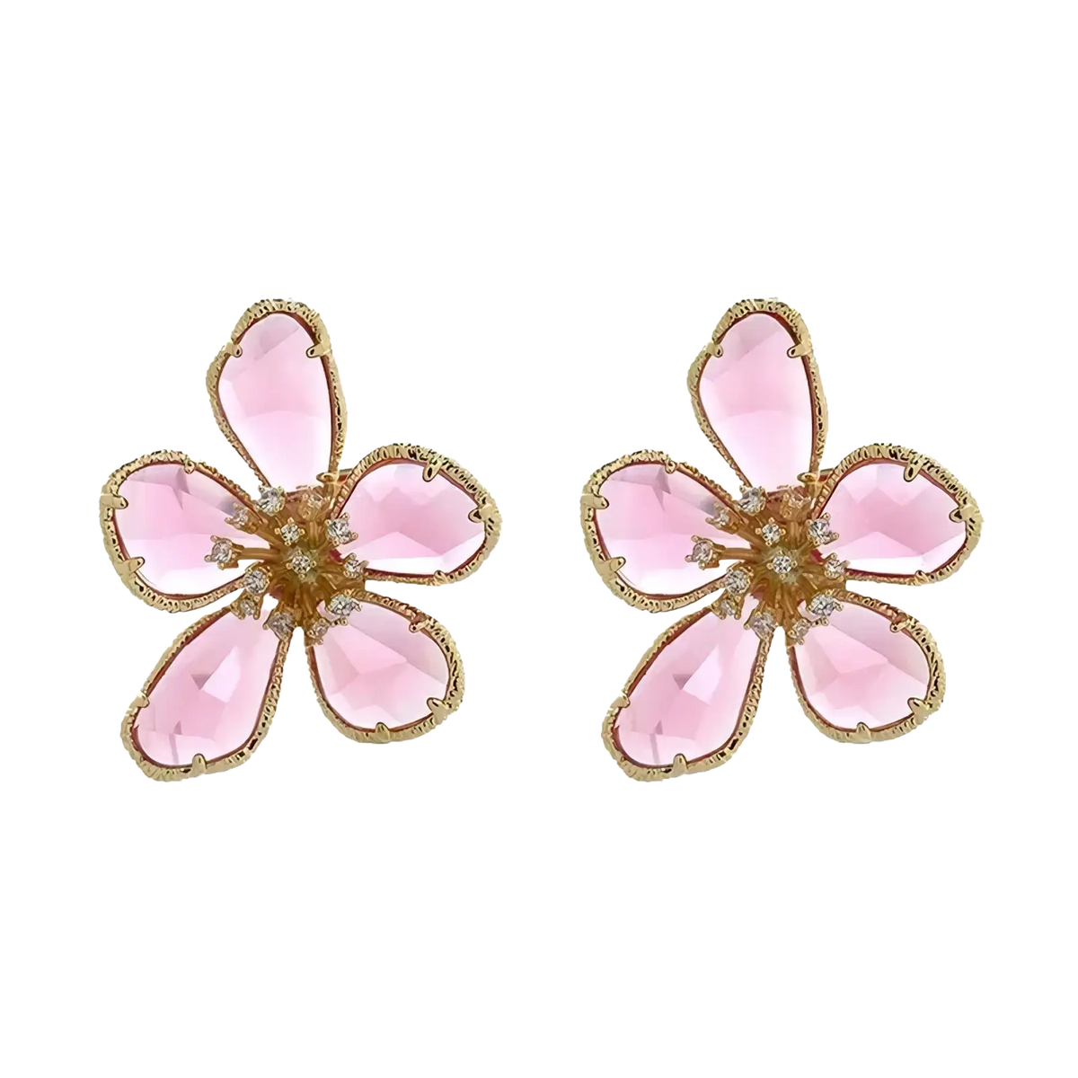 Gold flower crystal stud earrings featuring pink cherry blossom faceted gemstones and gold-tone metalwork