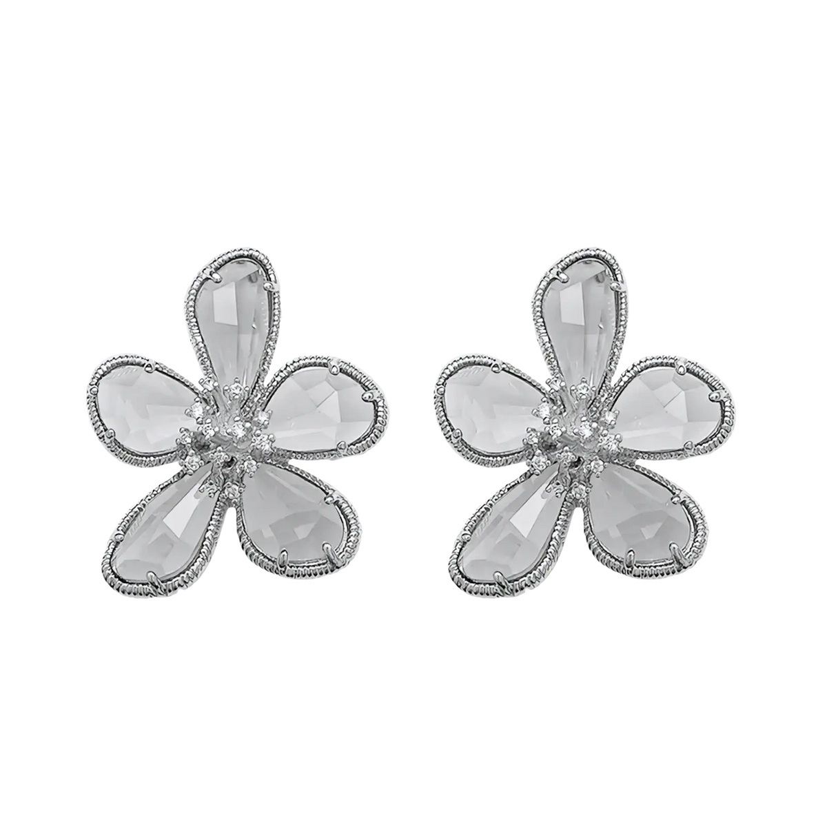 Silver flower-shaped stud earrings with faceted clear stones and delicate beaded edges in gold flower crystal style