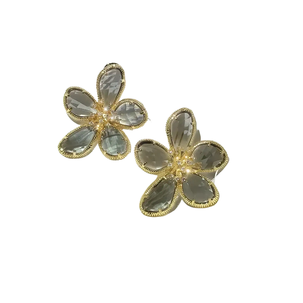 Gold flower crystal stud earrings with gold-toned metal, clear faceted crystal petals, and a central diamond accent