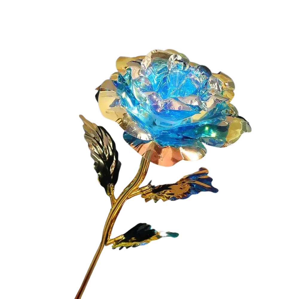 A shimmering blue and gold foil artificial rose with a glossy reflective finish in a gold foil artificial eternal gift flower