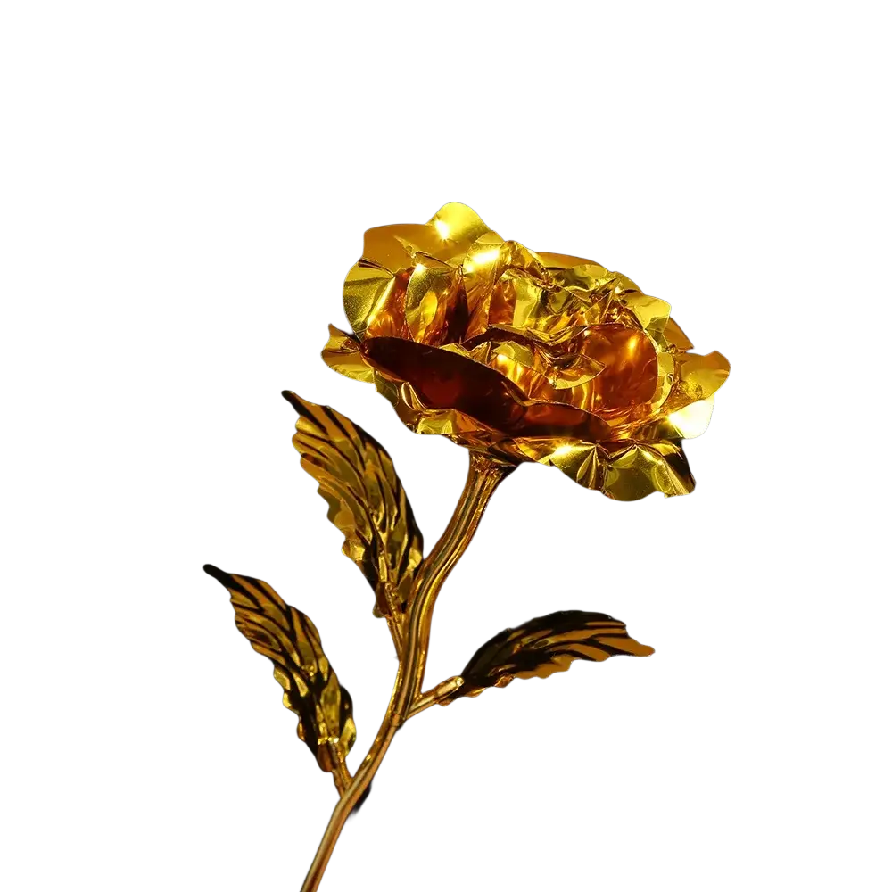 Gold foil artificial rose with intricate metallic golden petals and leaves designed as an eternal gift flower