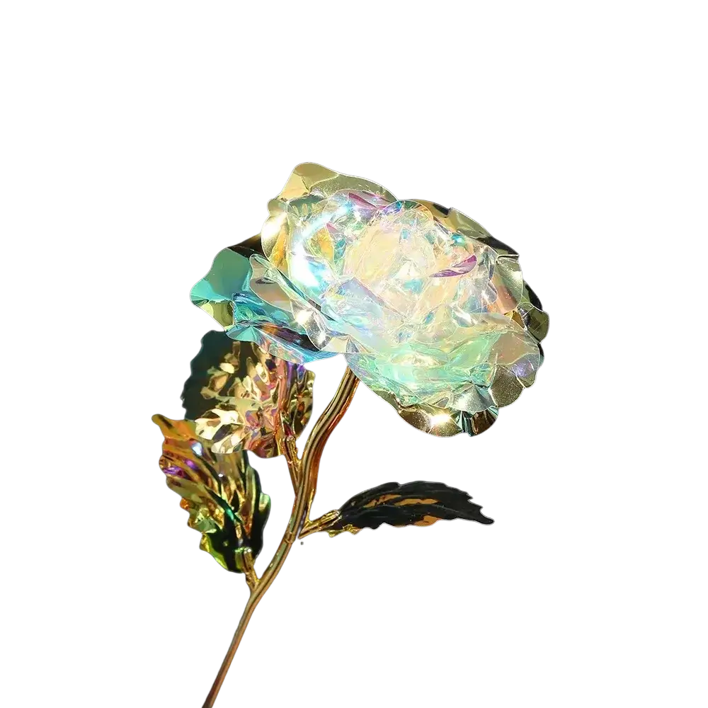 A shimmering iridescent gold foil artificial rose with blue green gold hues and a golden stem and leaves