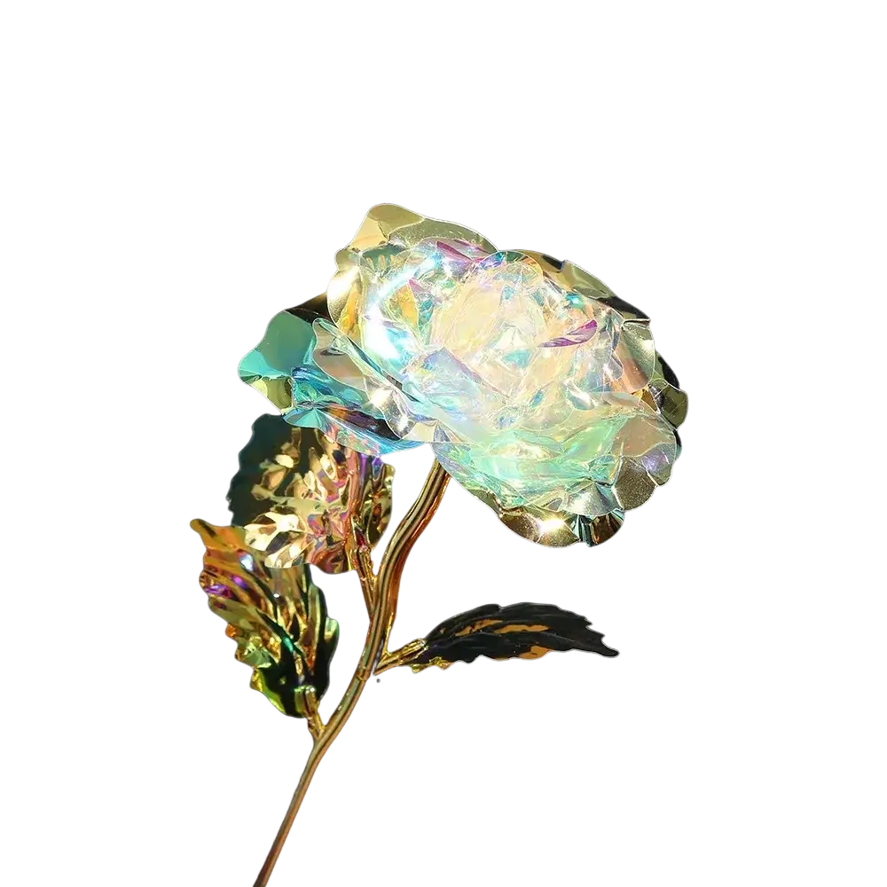 Iridescent crystal rose with golden stem and leaves glowing softly in a gold foil artificial rose eternal gift flower