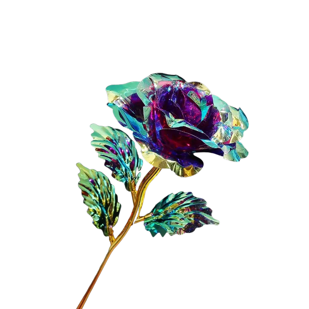 Gold foil artificial rose eternal gift flower with iridescent metallic finish in deep purple and teal hues reflecting light