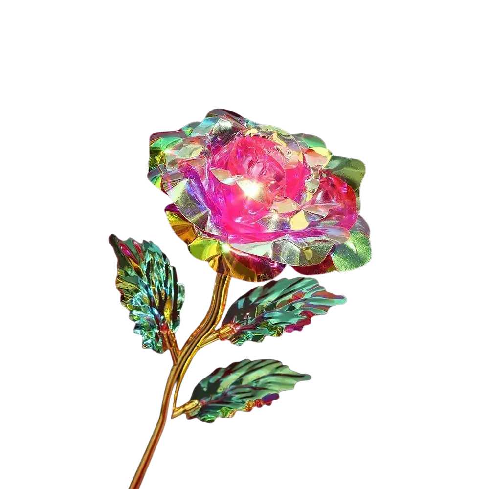 Gold foil artificial rose with iridescent multicolored petals and vibrant pink center on a golden stem with green leaves