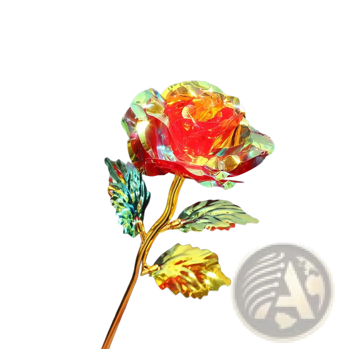 A gold foil artificial rose with crystal-encrusted petals and a radiant red center for eternal gift giving