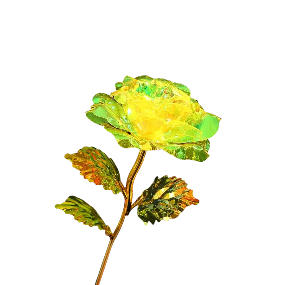 A gold foil artificial rose with a glowing yellow and green crystal bloom and gold-toned stem and leaves