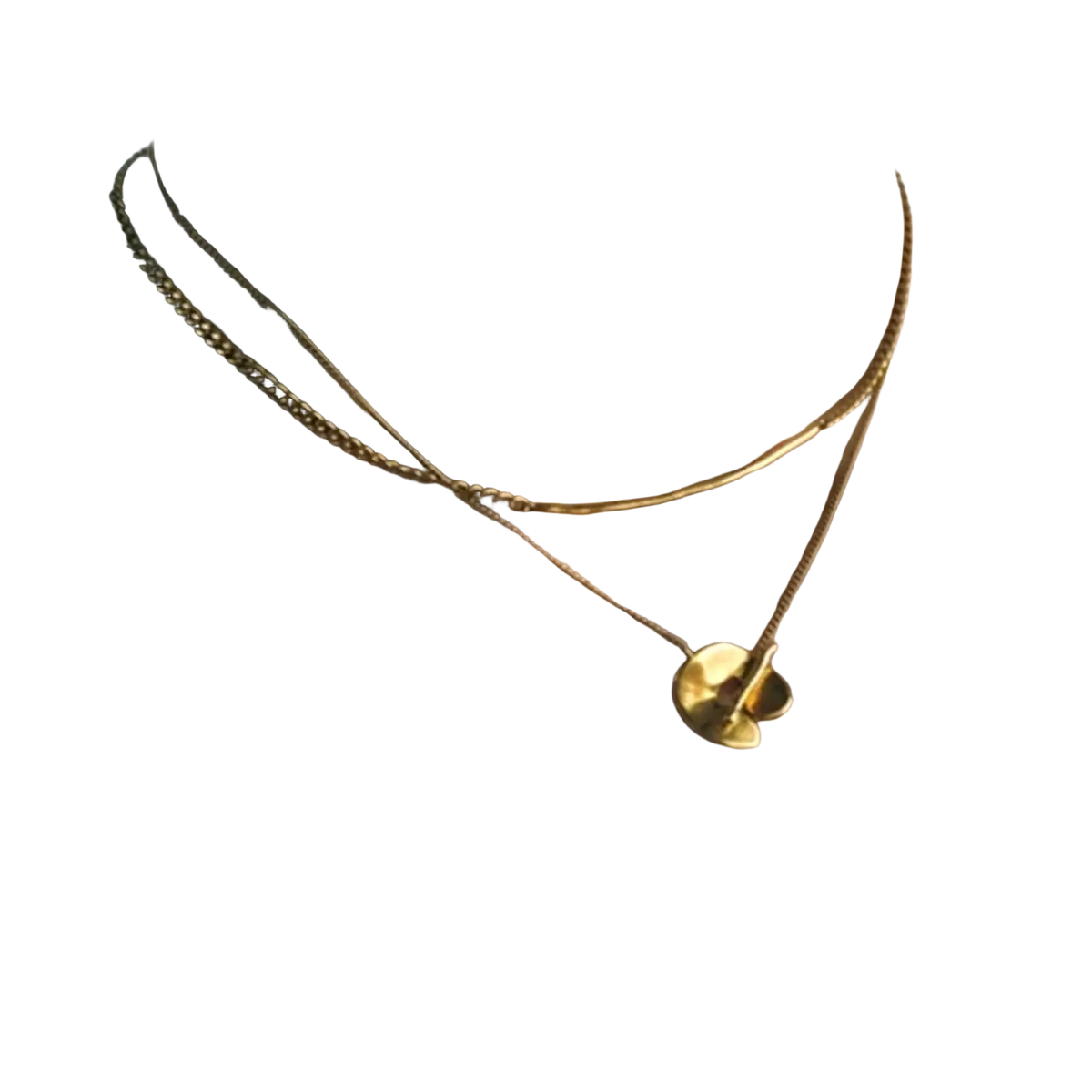 Gold geometric layered pendant necklace for women featuring delicate gold-toned fine and textured curb chains with abstract leaf pendant