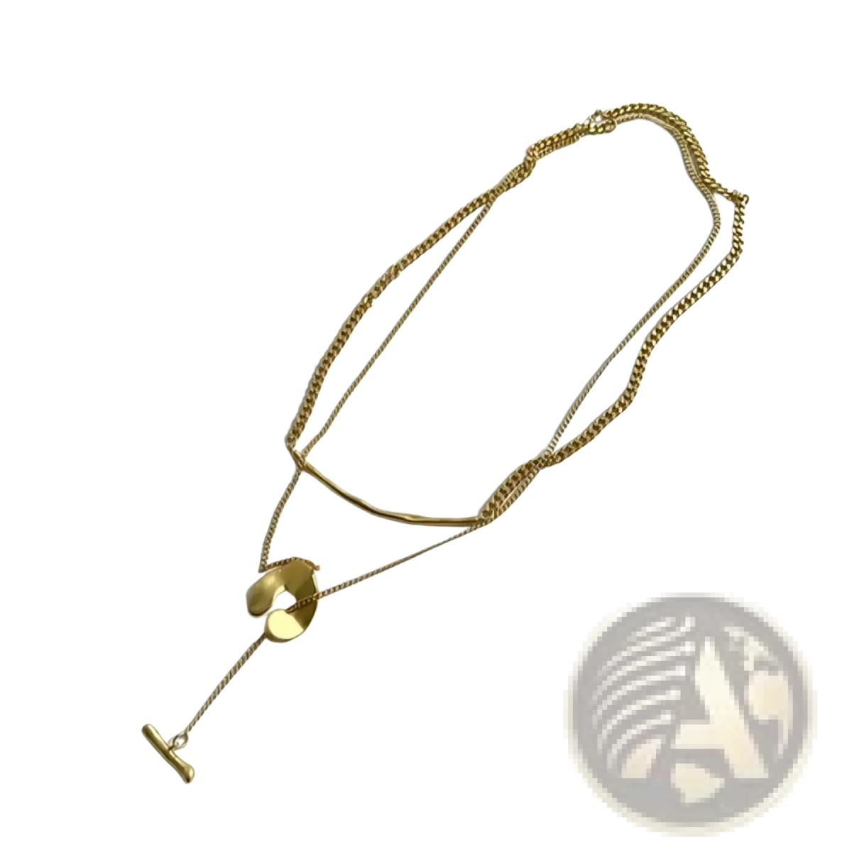 Gold geometric layered pendant necklace for women featuring gold-toned delicate chain with curved bar and t-bar charm