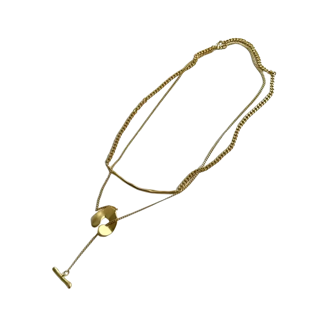 Gold geometric layered pendant necklace for women featuring gold-toned delicate chain with curved bar and t-bar charm