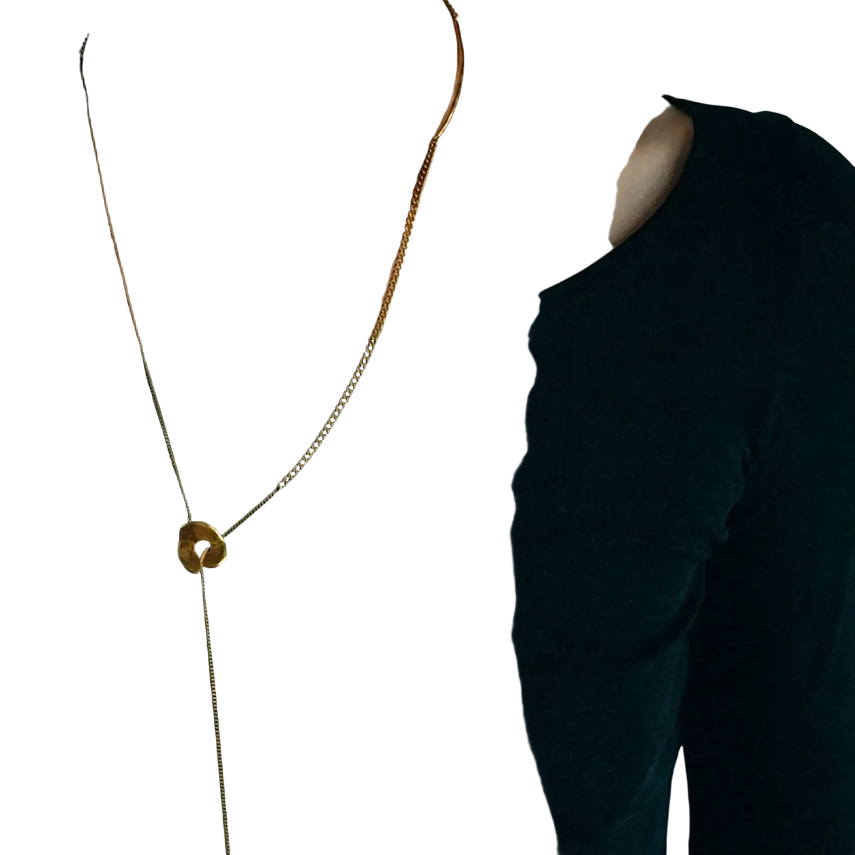 Gold geometric layered pendant necklace for women featuring a gold-toned chain and circular open center pendant