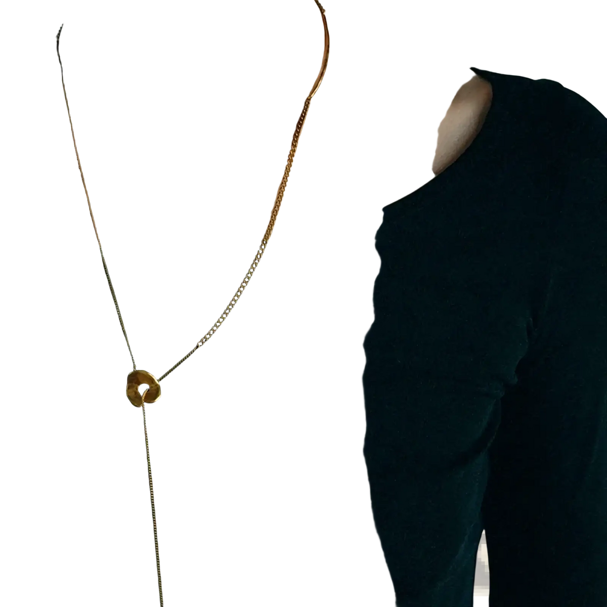 Gold geometric layered pendant necklace for women featuring a gold-toned chain and circular open center pendant
