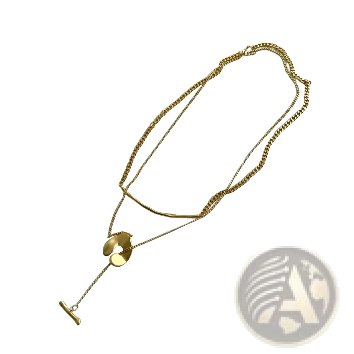 Gold geometric layered pendant necklace for women featuring gold-toned curb and fine chains with abstract pendants