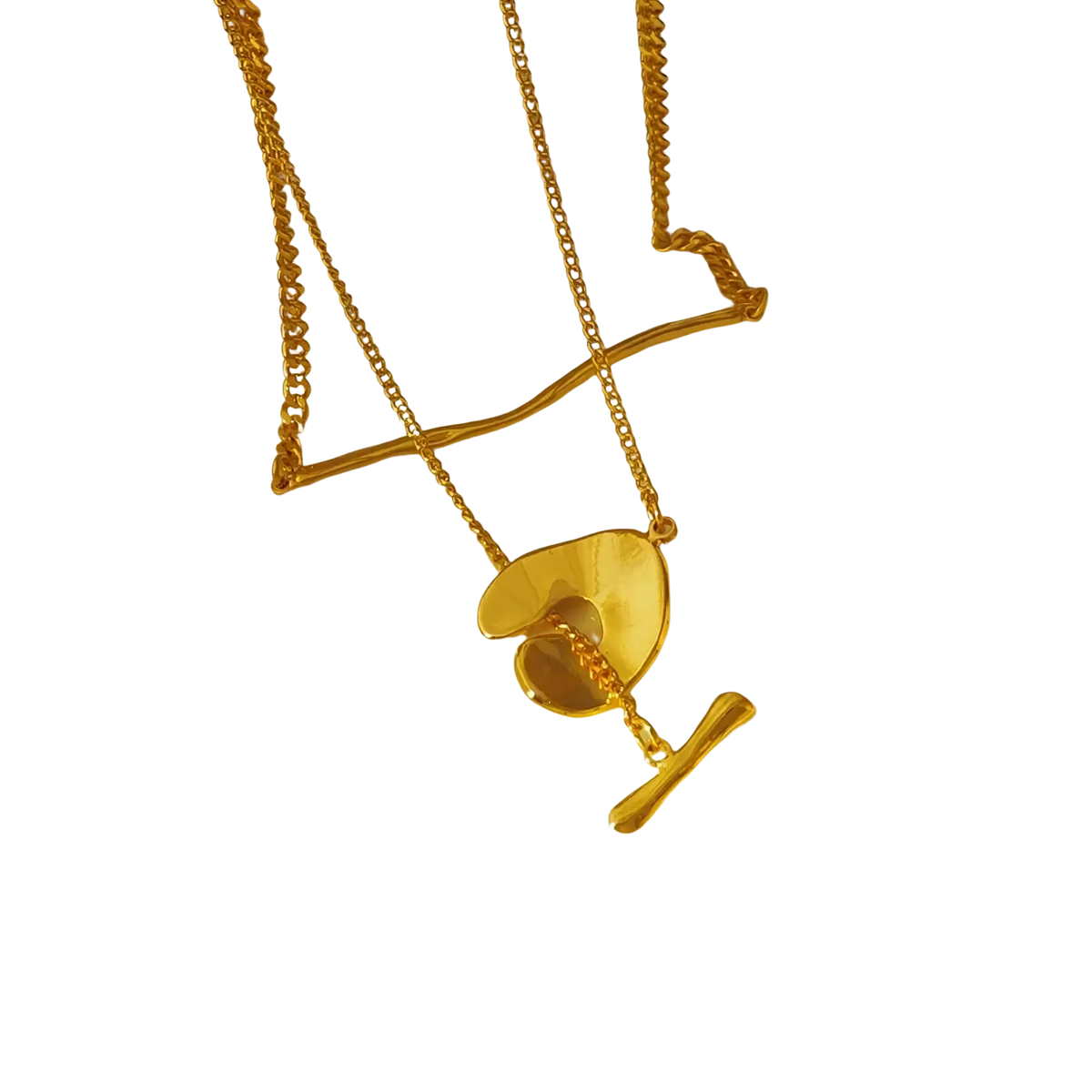 Gold geometric layered pendant necklace for women featuring a gold-toned heart pendant and toggle clasp detail