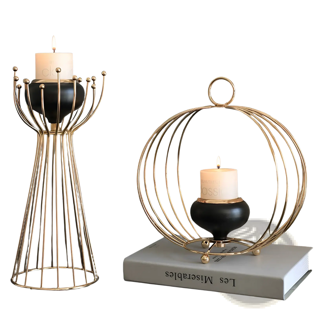 Gold geometric wire cage candle holders feature black ceramic bases with lit white pillar candles inside