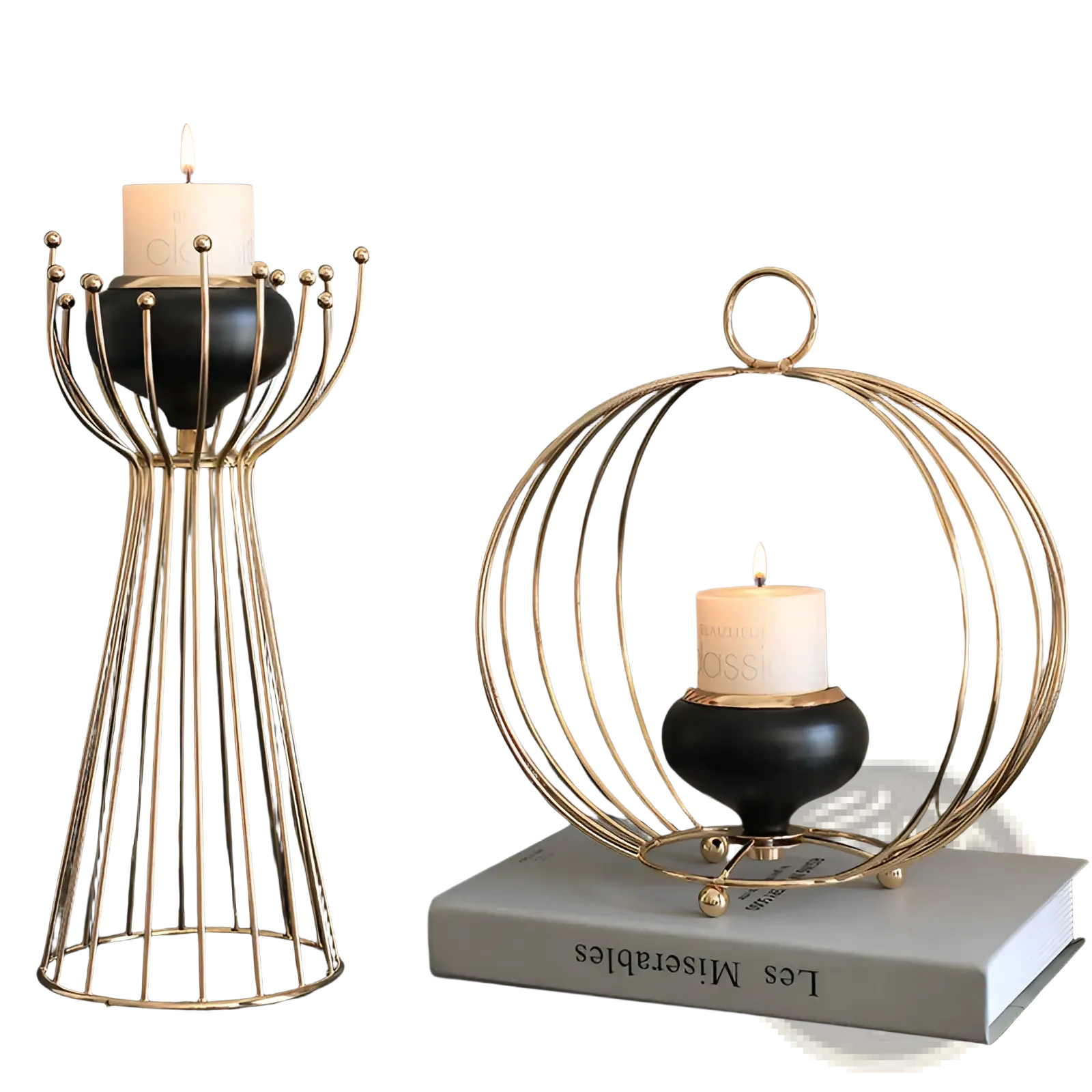Gold geometric wire cage candle holders feature black ceramic bases with lit white pillar candles inside