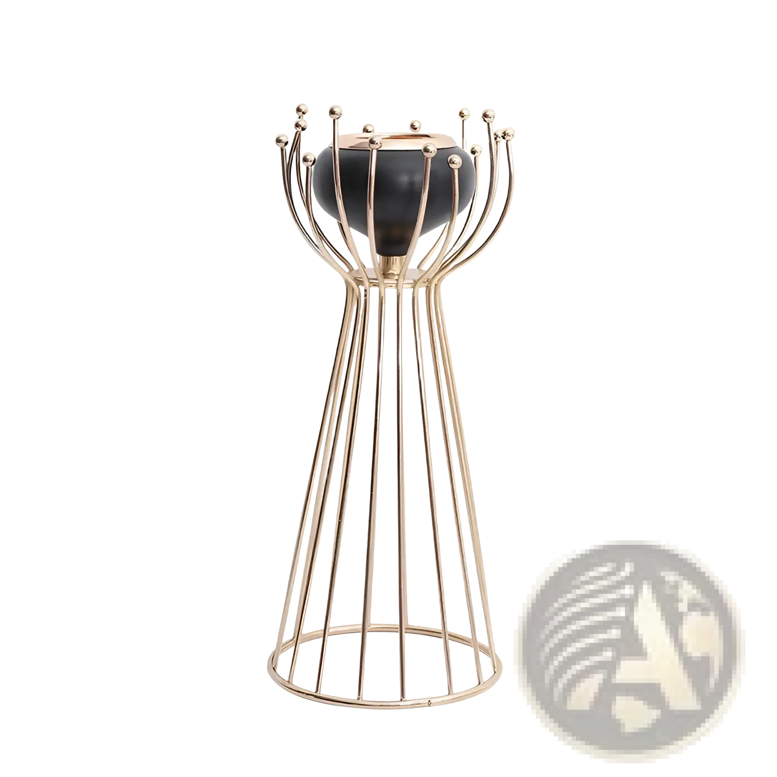 Gold geometric wire cage candle holder with gold-toned metal and black ceramic base featuring spherical finials