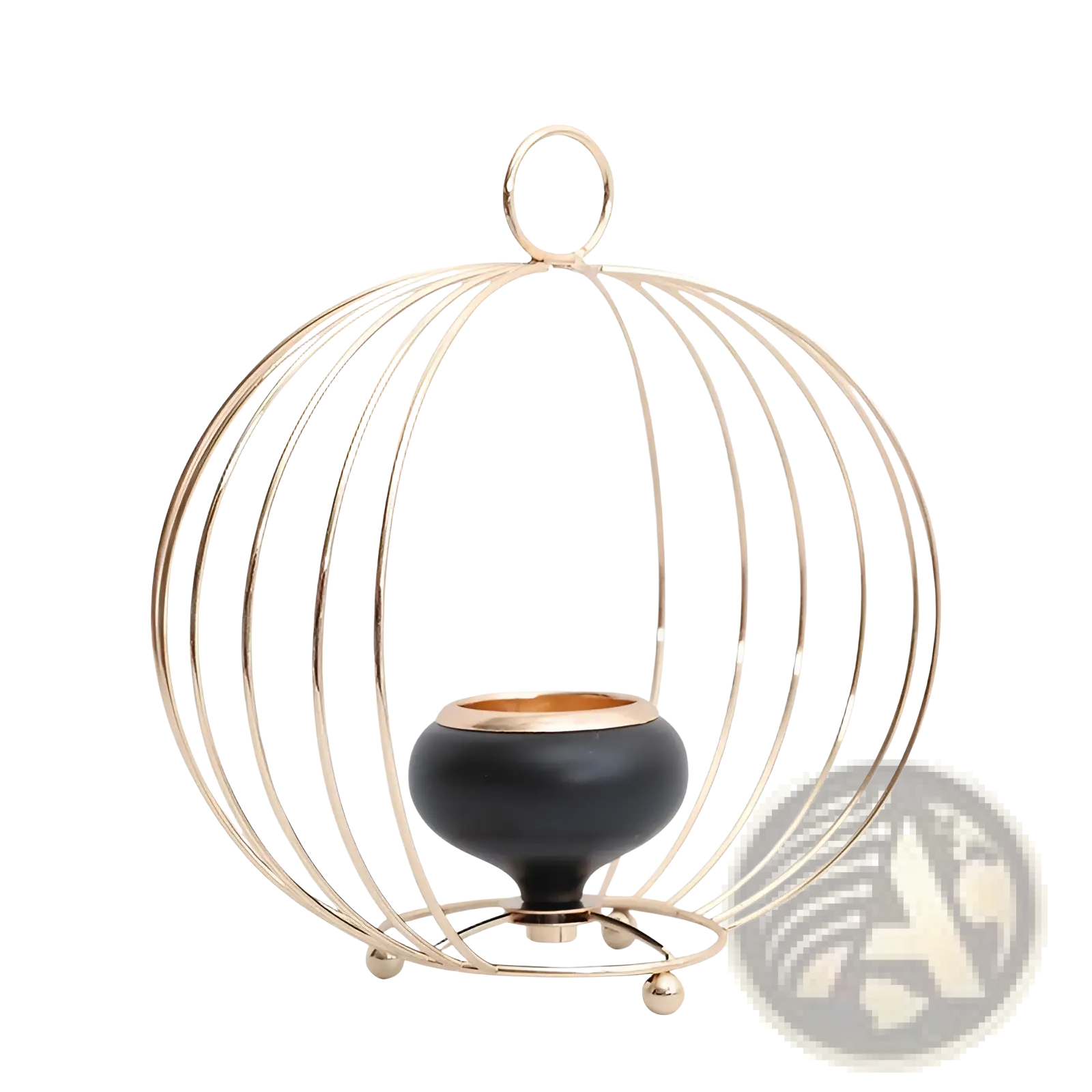 Gold geometric wire cage candle holder with black ceramic base designed for decorative candle display