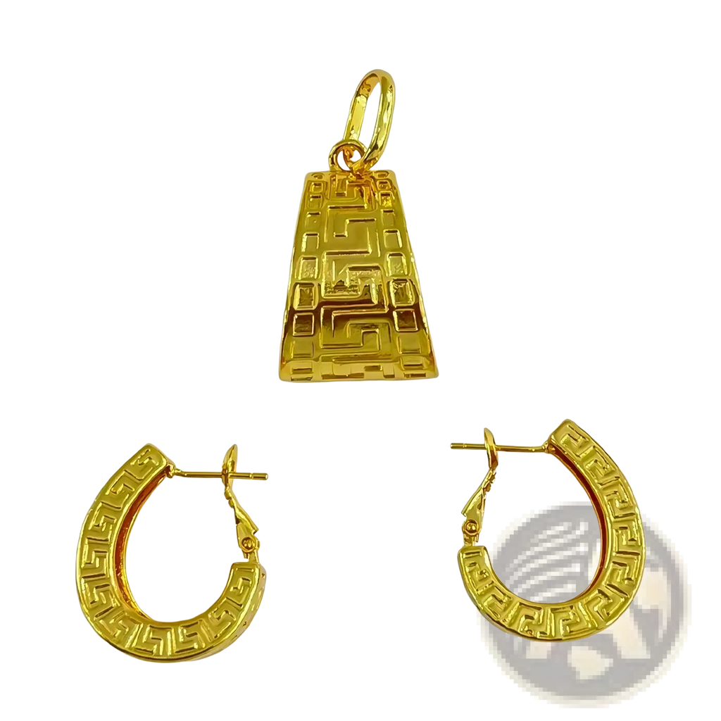 Gold greek key jewelry set with rectangular pendant and matching hoop earrings featuring intricate pattern detailing