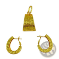 Gold greek key jewelry set with rectangular pendant and matching hoop earrings featuring intricate pattern detailing