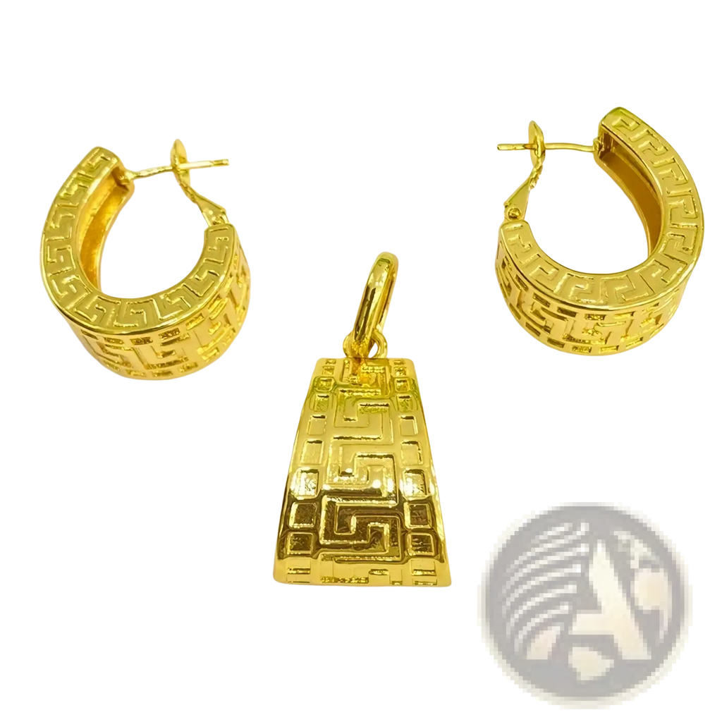 Gold greek key jewelry set featuring gold-colored hoop earrings and matching pendant with intricate pattern design