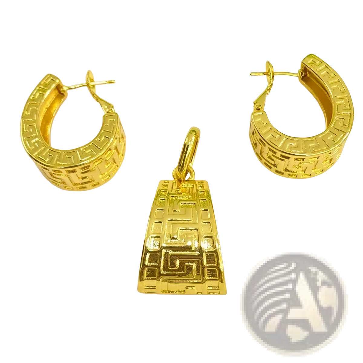 Gold greek key jewelry set featuring gold-colored hoop earrings and matching pendant with intricate pattern design