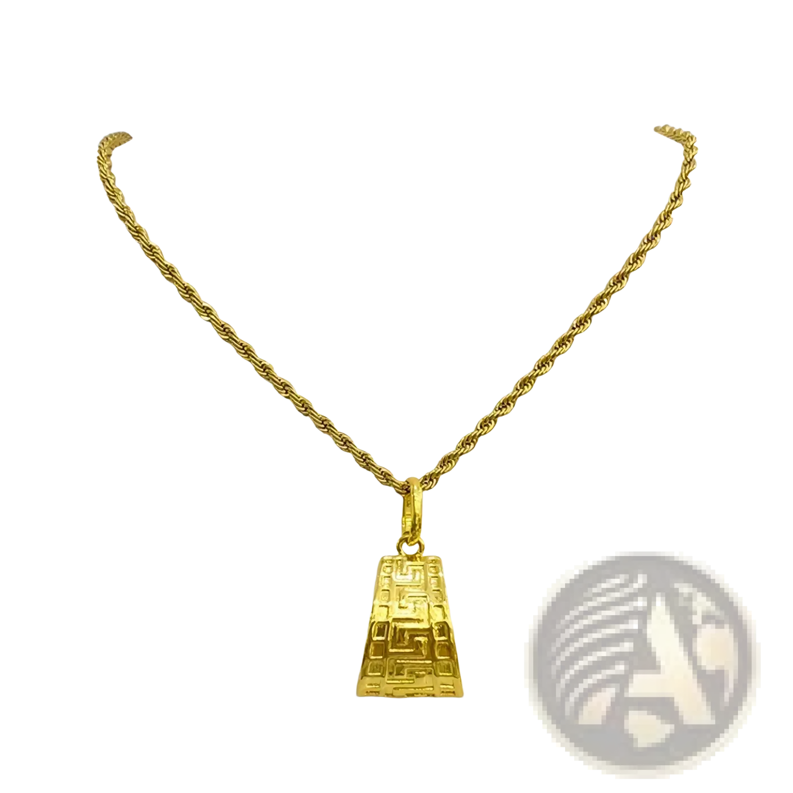 Gold Greek key jewelry set featuring a gold-colored rope chain necklace with a rectangular geometric pattern pendant