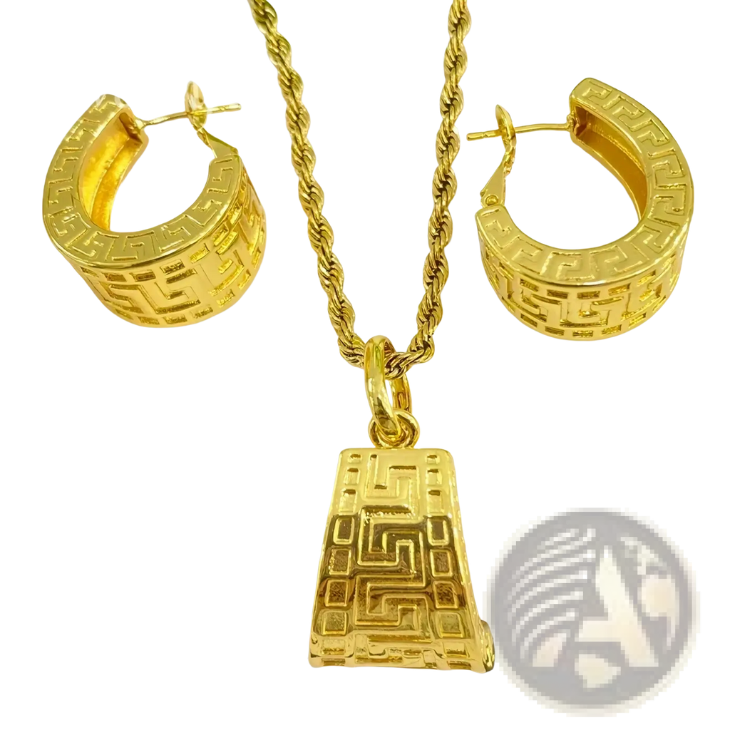 Gold Greek key jewelry set with rope chain necklace pendant and matching hoop earrings featuring intricate design