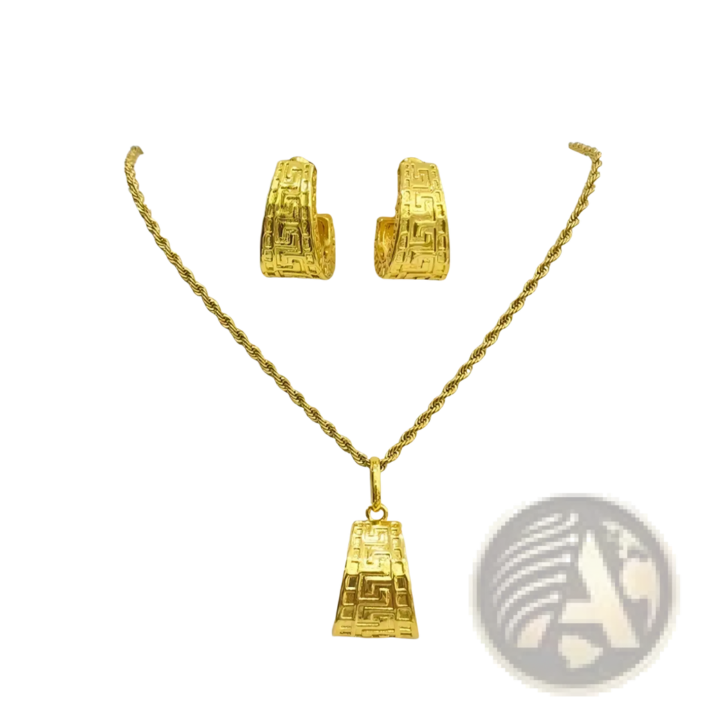 Gold greek key jewelry set with gold twisted rope chain pendant and matching hoop earrings featuring geometric pattern