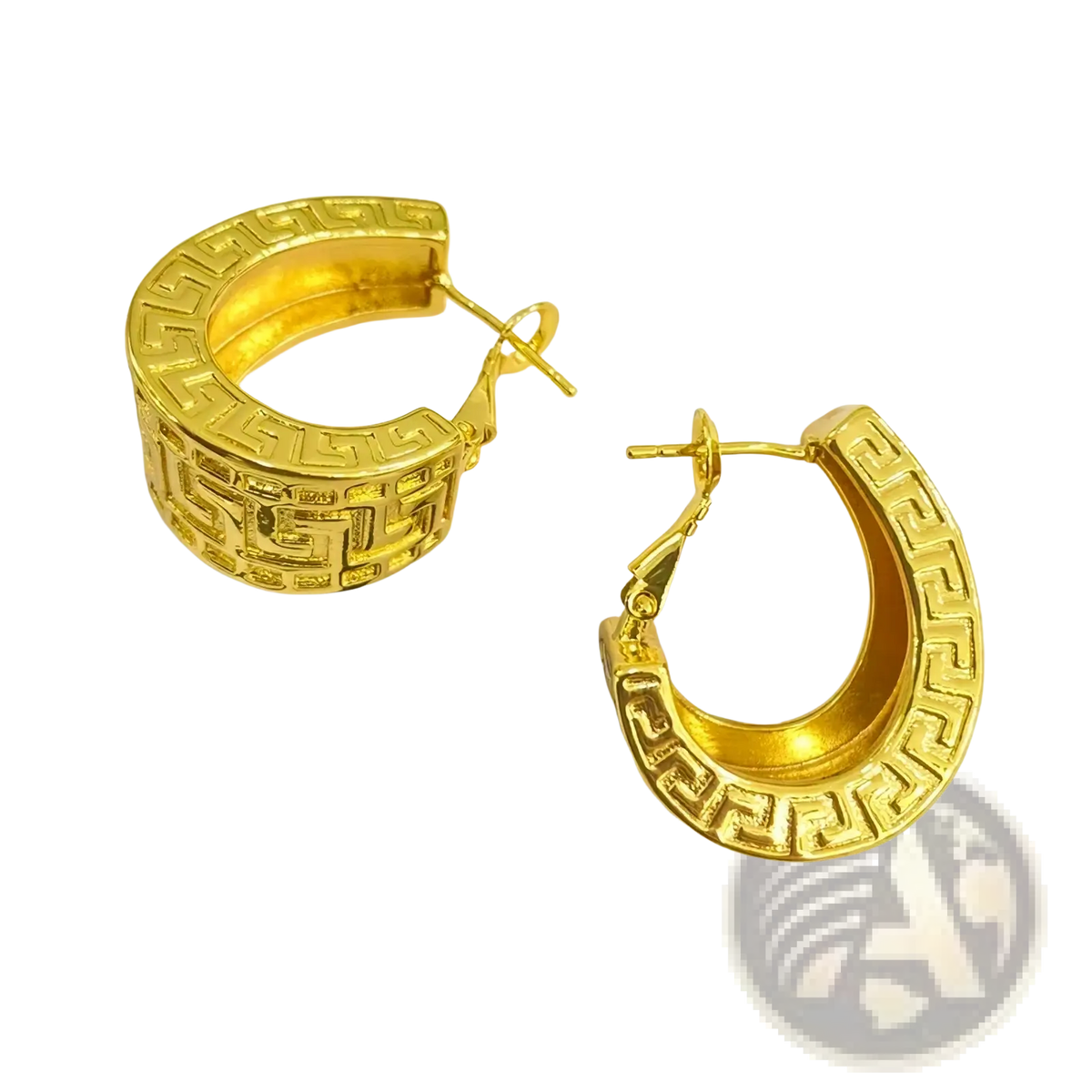 Gold hoop earrings featuring an intricate greek key pattern as part of the gold greek key jewelry set pendant and hoops