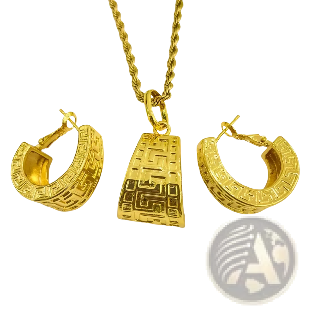 Gold-toned Greek key jewelry set featuring a rectangular pendant and matching hoop earrings with intricate detailing
