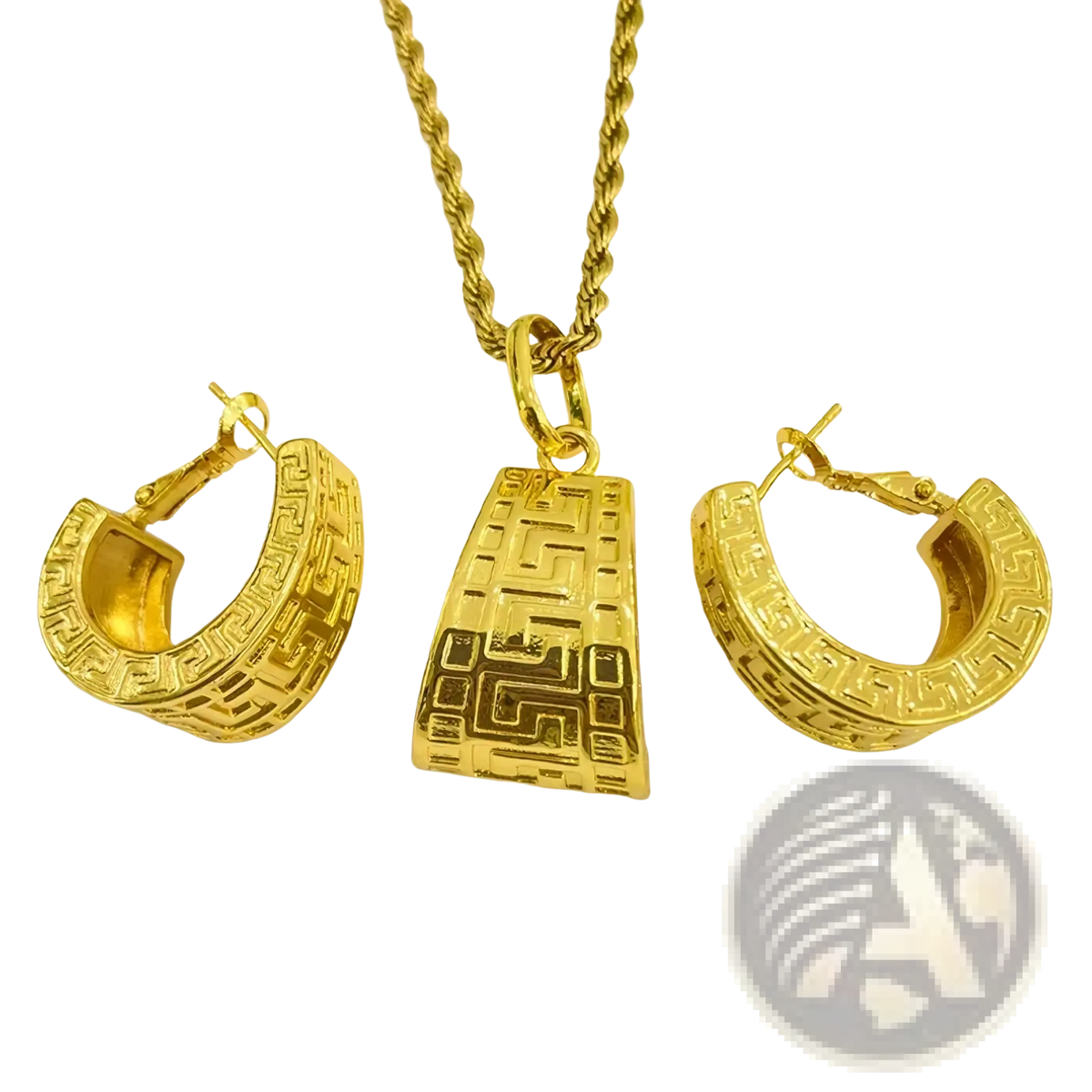 Gold-toned Greek key jewelry set featuring a rectangular pendant and matching hoop earrings with intricate detailing