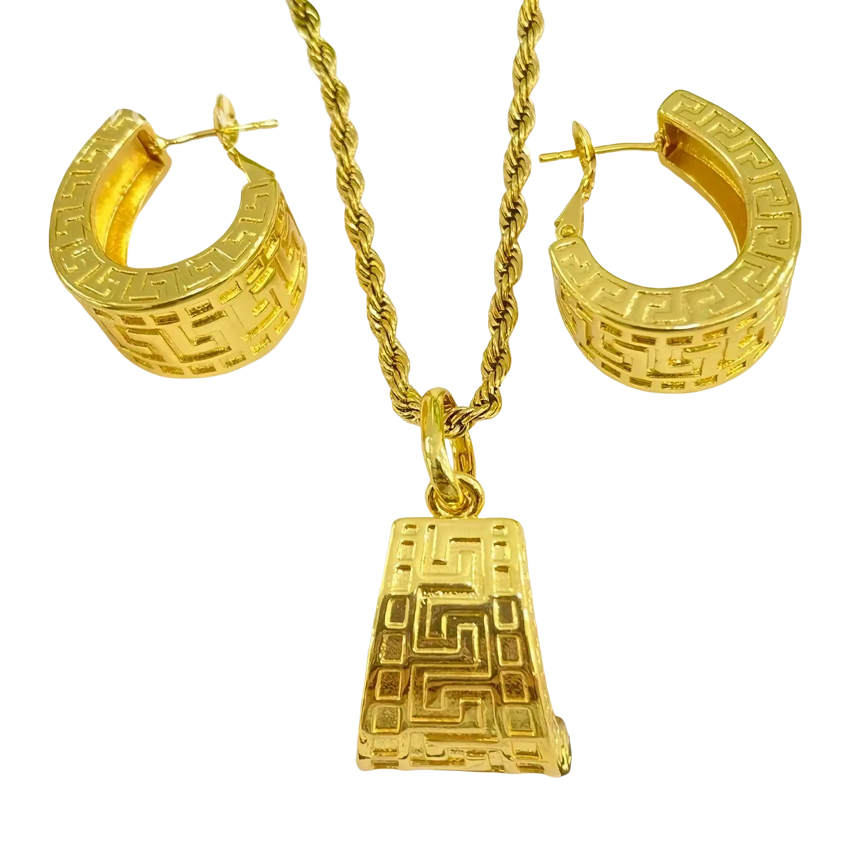 Gold Greek key jewelry set with rope chain necklace pendant and matching hoop earrings featuring intricate design