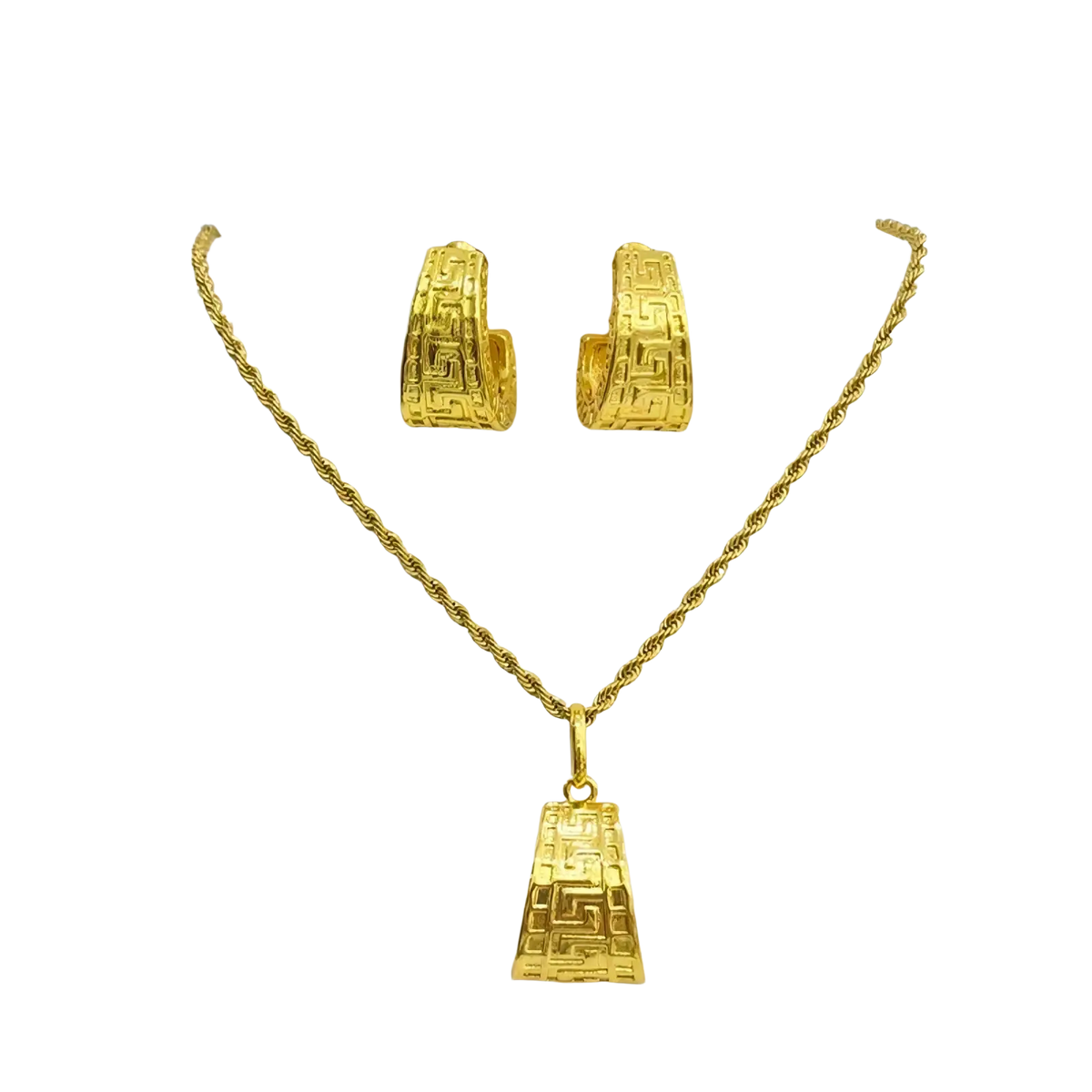Gold greek key jewelry set with gold twisted rope chain pendant and matching hoop earrings featuring geometric pattern