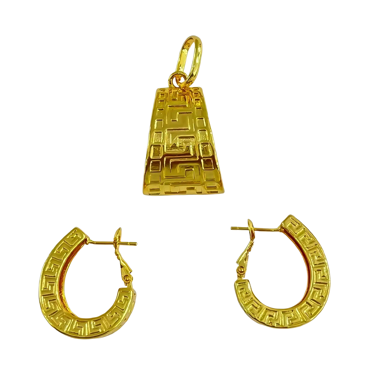 Gold greek key jewelry set with rectangular pendant and matching hoop earrings featuring intricate pattern detailing