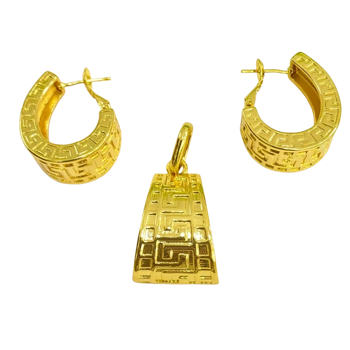 Gold greek key jewelry set featuring gold-colored hoop earrings and matching pendant with intricate pattern design
