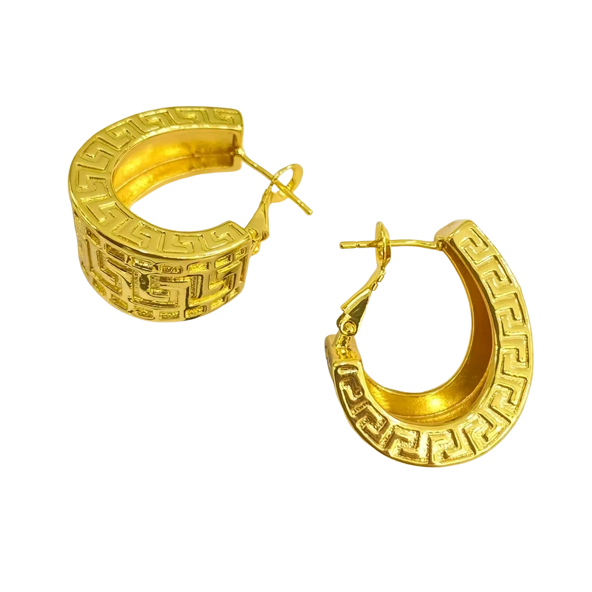 Gold hoop earrings featuring an intricate greek key pattern as part of the gold greek key jewelry set pendant and hoops