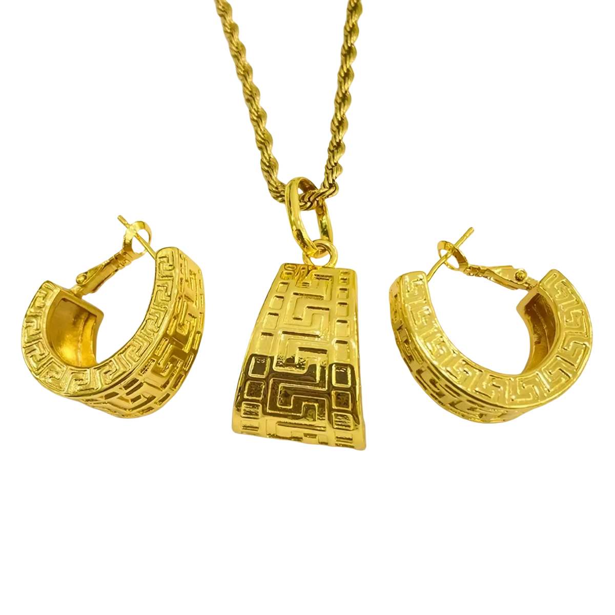 Gold-toned Greek key jewelry set featuring a rectangular pendant and matching hoop earrings with intricate detailing